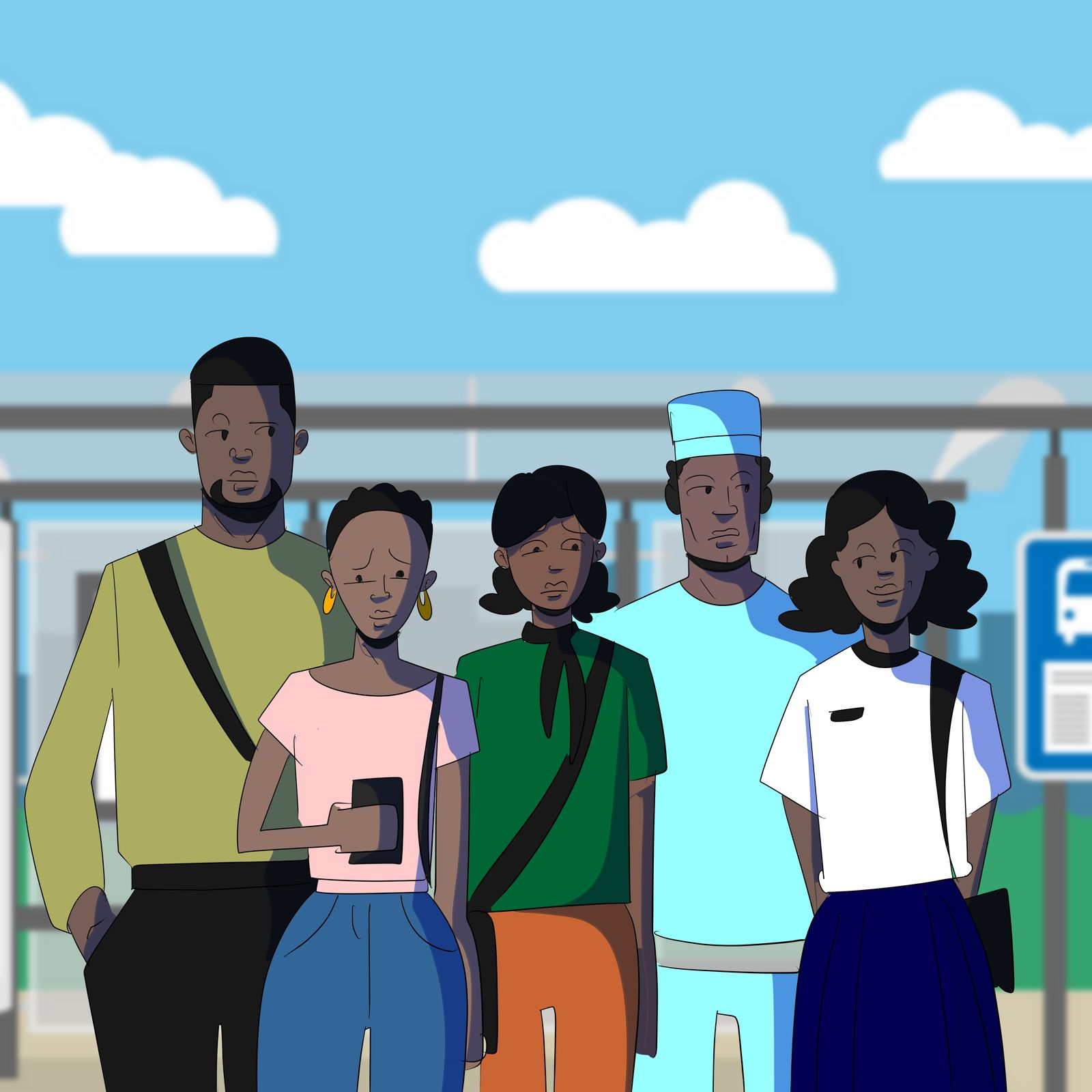 Professionals at a bus stop 