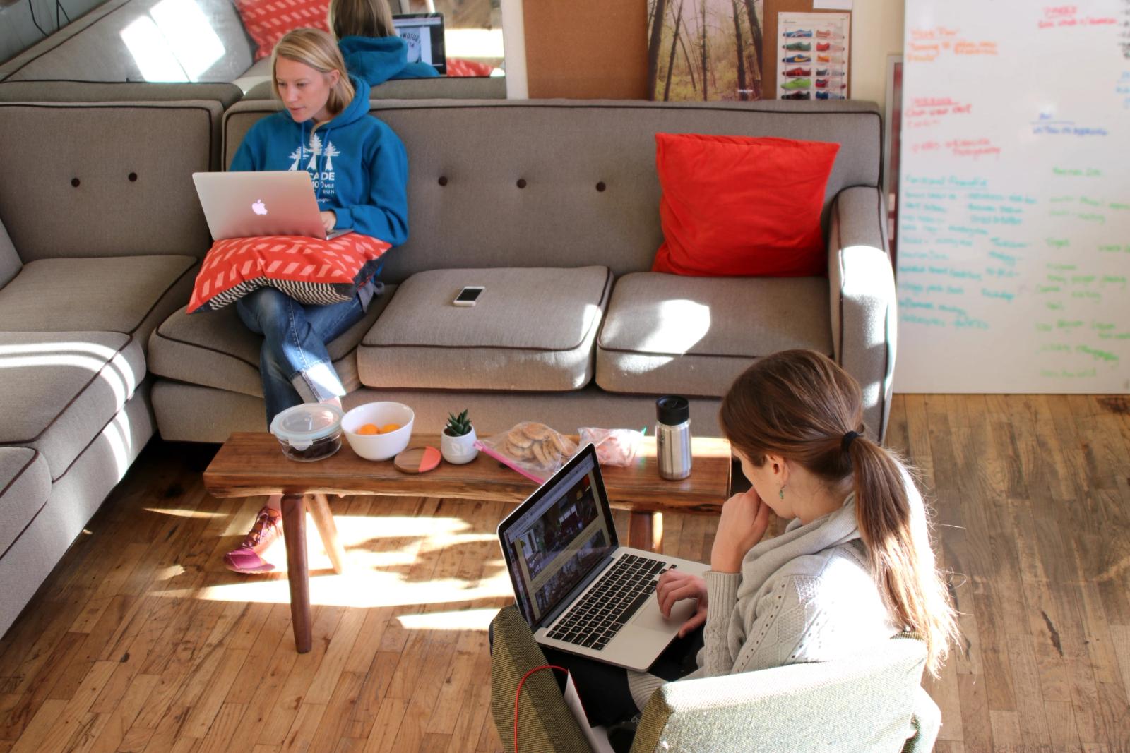 Two people working on laptops in a sunny living room