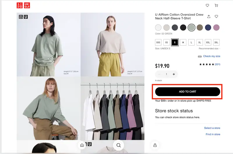 アメリカ版 ユニクロのウェブサイト：ショッピングページ