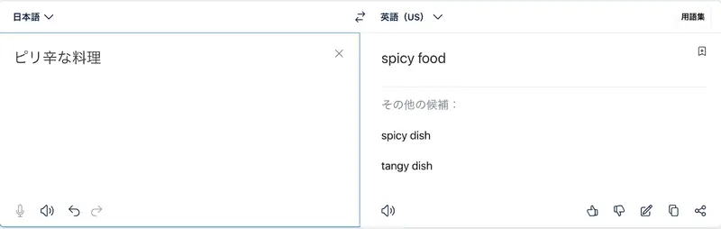 Google翻訳の翻訳ページ：ピリ辛な料理（日本語から英語）