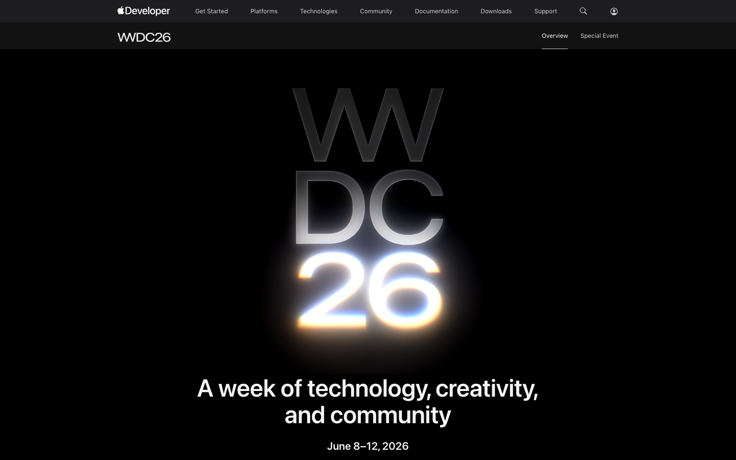 WWDC26 公式ページのヒーロー。Apple Developer ロゴと「WWDC26」のグラデーション表記、「A week of technology, creativity, and community」のキャッチコピー、「June 8–12, 2026」の日程表記