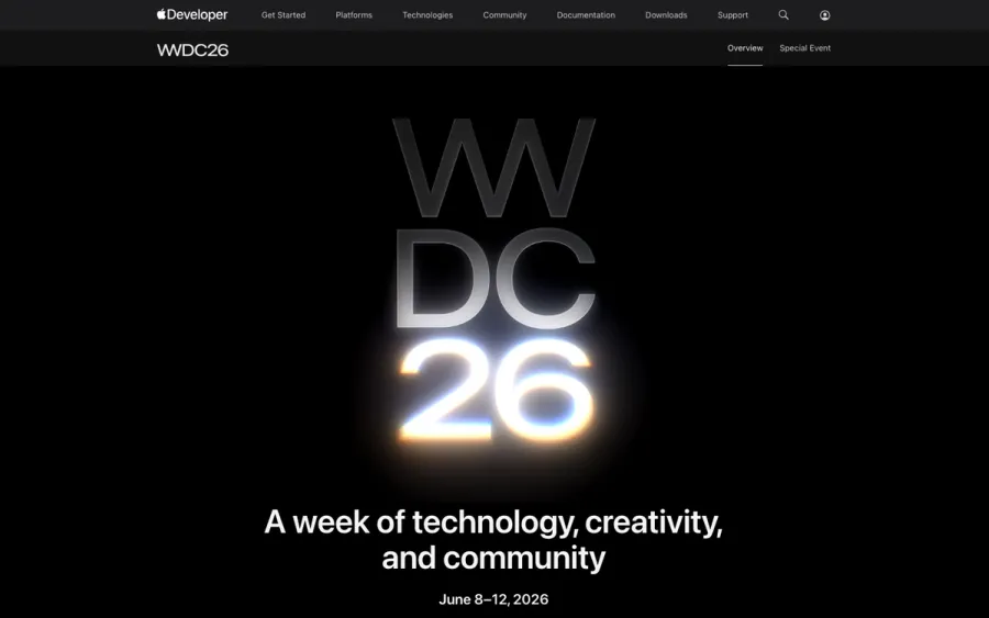 WWDC26 公式ページのヒーロー。Apple Developer ロゴと「WWDC26」のグラデーション表記、「A week of technology, creativity, and community」のキャッチコピー、「June 8–12, 2026」の日程表記