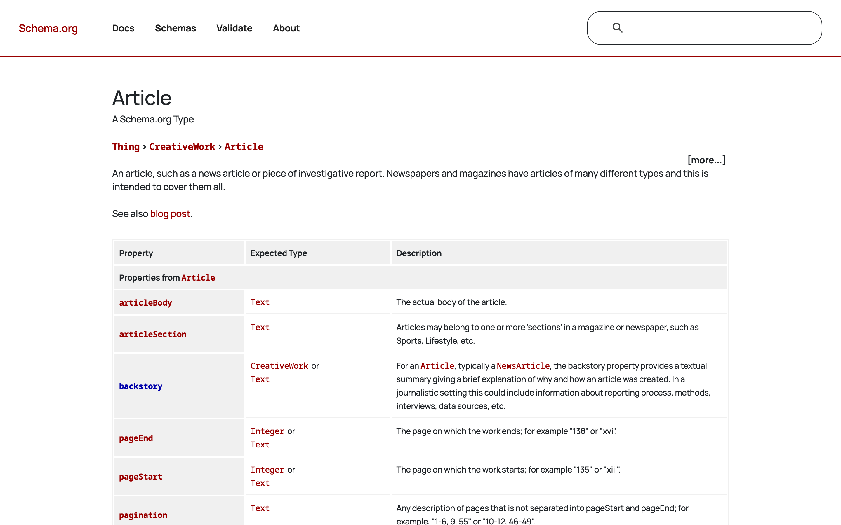 Schema.org公式のArticle型ページ。articleBody、articleSection、author、headline等のプロパティが一覧化されている