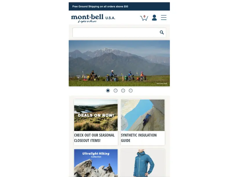 Mont-bellのサイトのスマートフォン版
