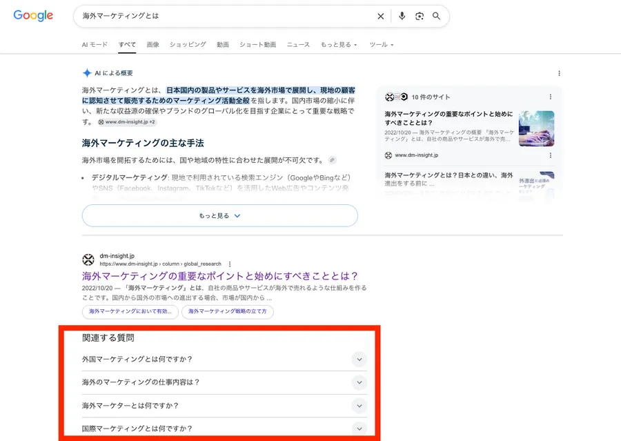 Googleにて「海外マーケティングとは」で検索した際の検索結果ページ
