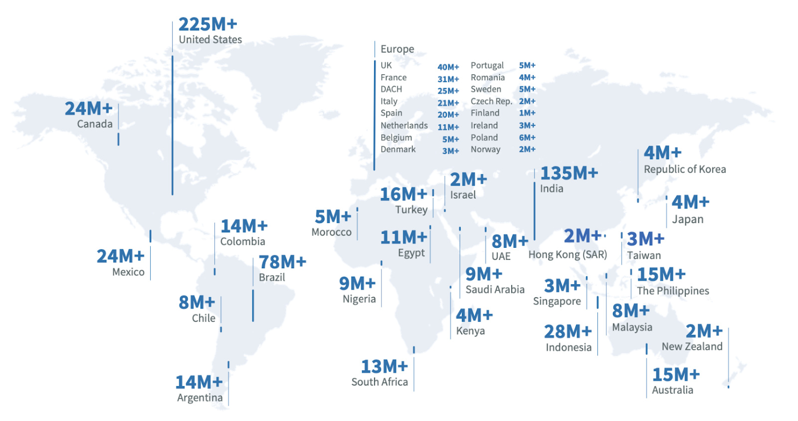 LinkedIn公式ページ：世界のLinkedIn利用者数を表した世界地図