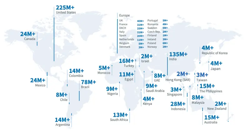 LinkedIn公式ページ：世界のLinkedIn利用者数を表した世界地図