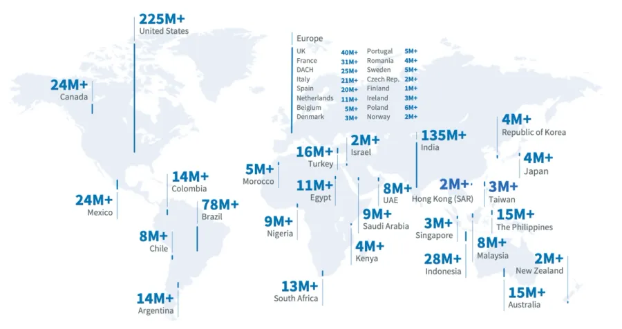 LinkedIn公式ページ:世界のLinkedIn利用者数を表した世界地図