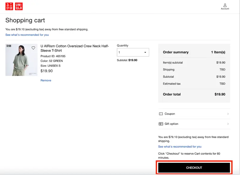 アメリカ版 ユニクロのウェブサイト：カートのページ