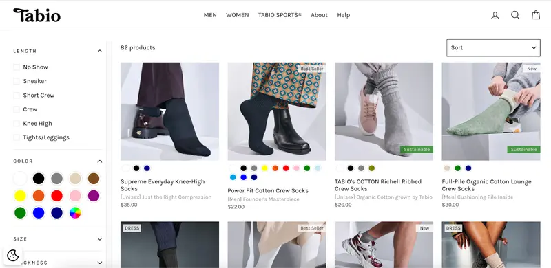 タビオウェブサイト：海外版カタログ画面