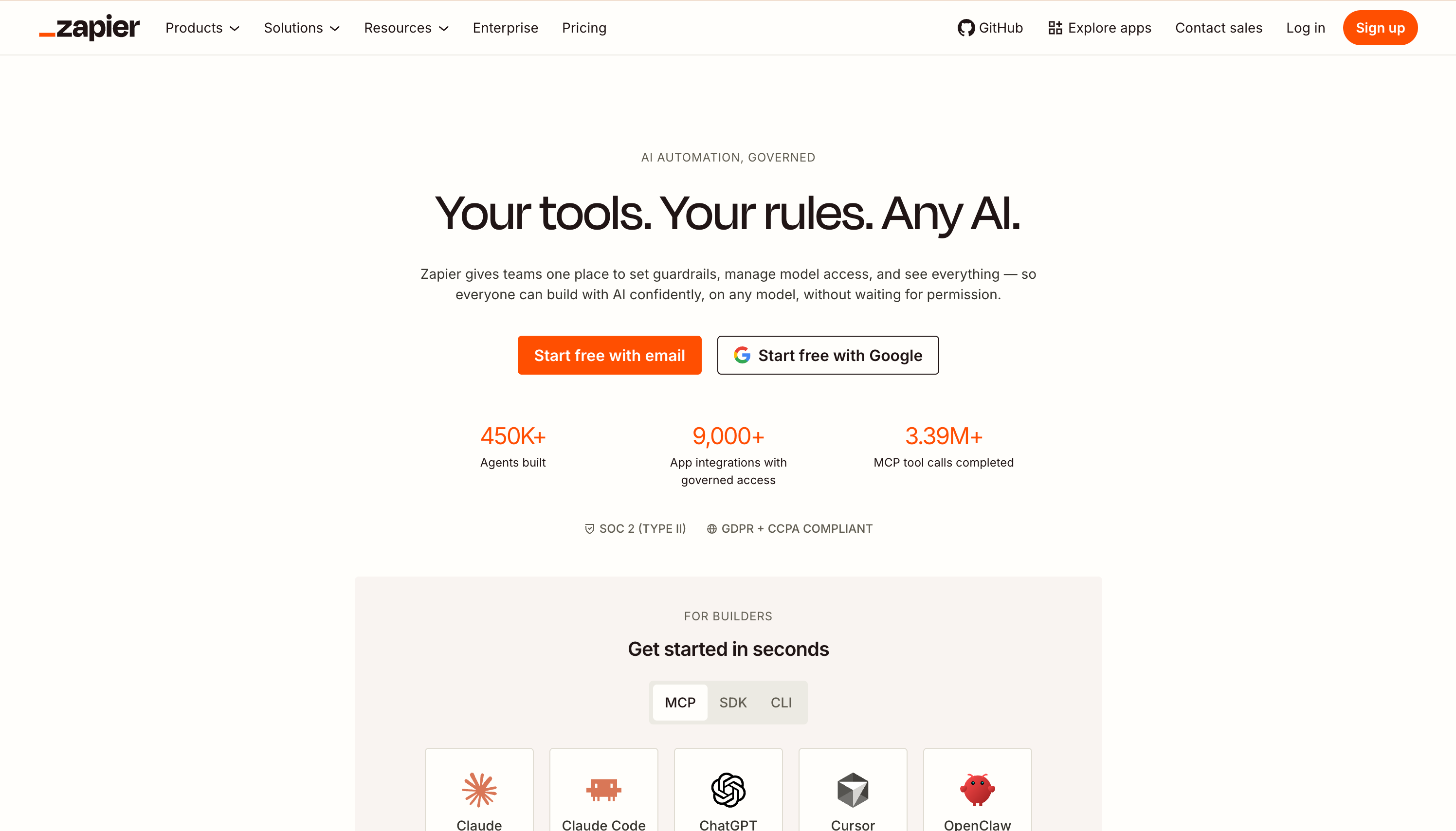 Zapierのウェブサイト　トップページ