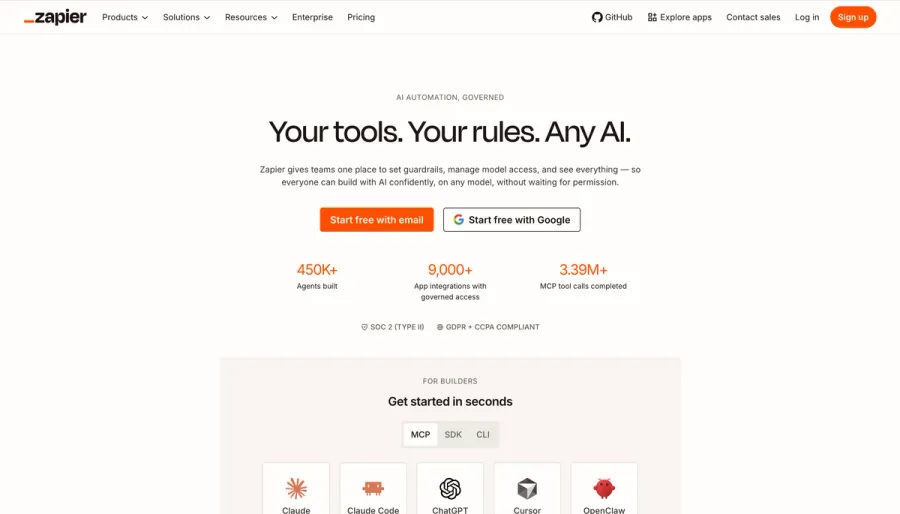 Zapierのウェブサイト トップページ