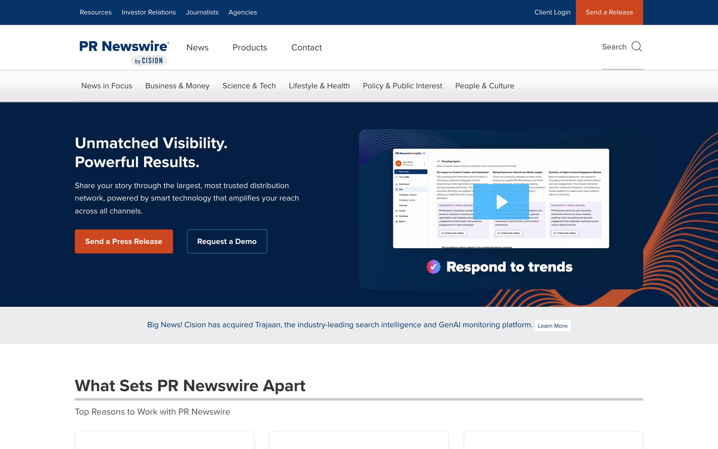 PR Newswireのトップページ。海外メディアへ一斉配信できるグローバルなプレスリリース配信サービス