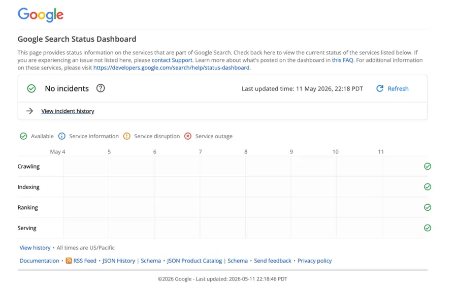 Googleコアアップデートの公式ステータスダッシュボード