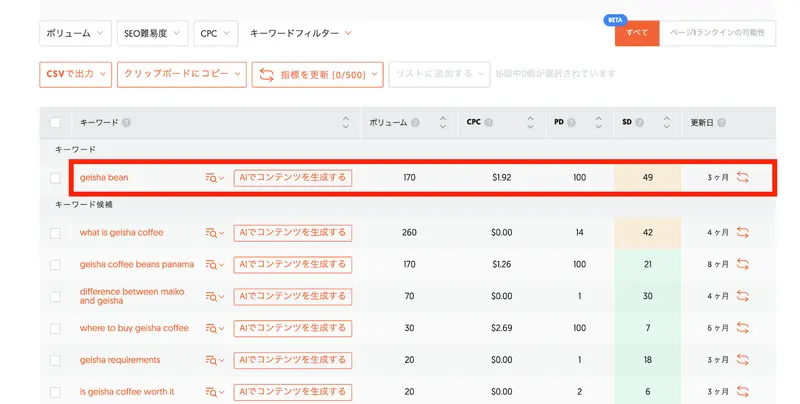 Ubersuggestのキーワード検索画面