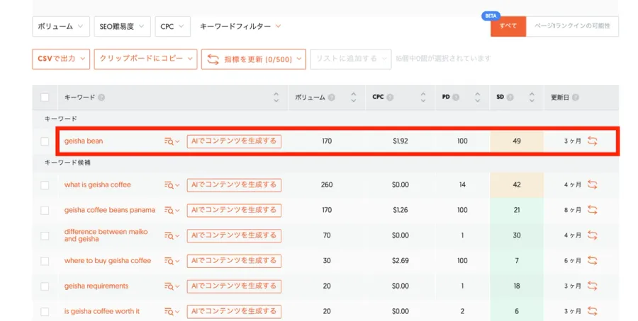 Ubersuggestのキーワード検索画面