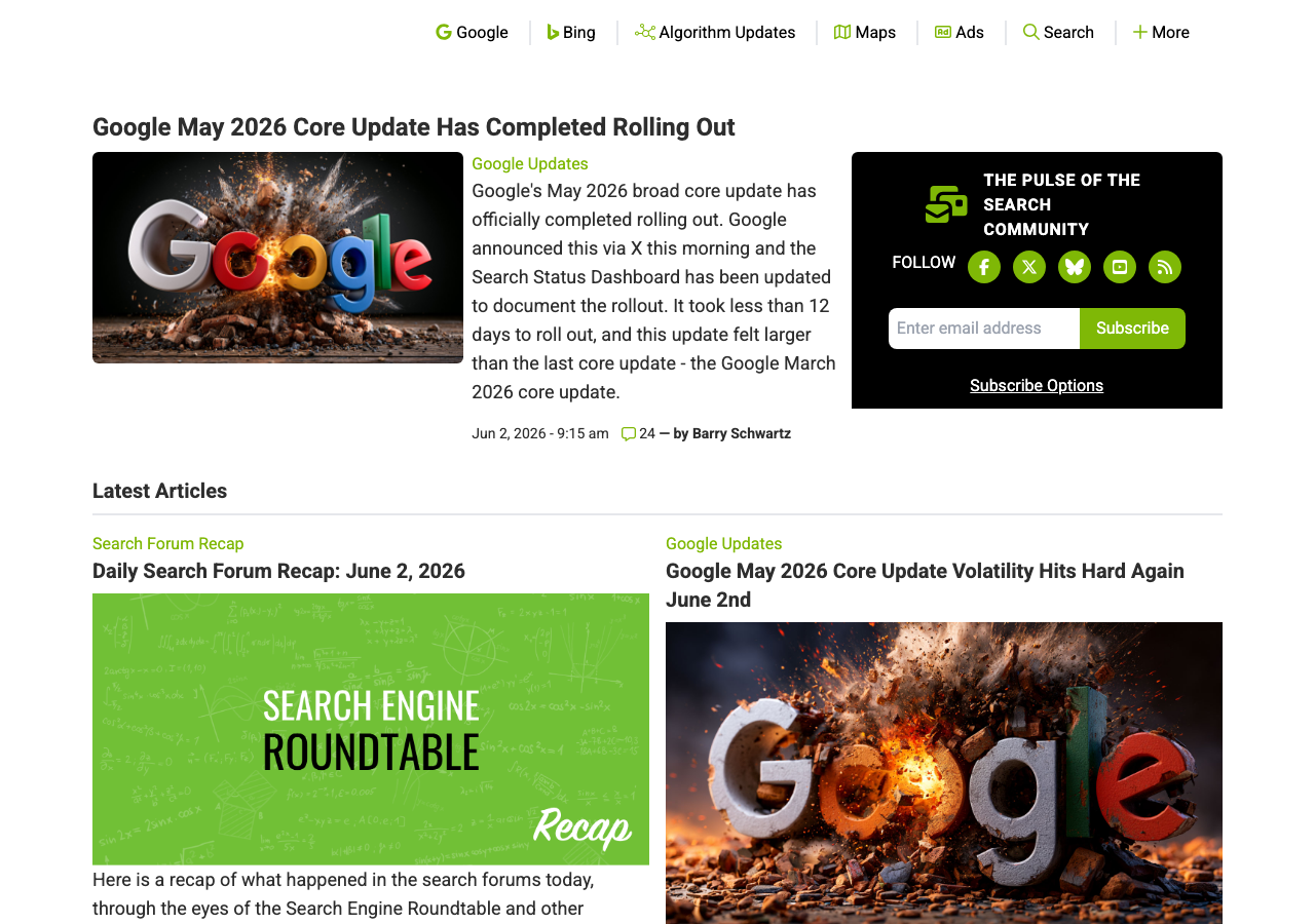 Search Engine Roundtableのトップページ。Googleコアアップデートの速報記事と検索コミュニティの最新トピックが並んでいる