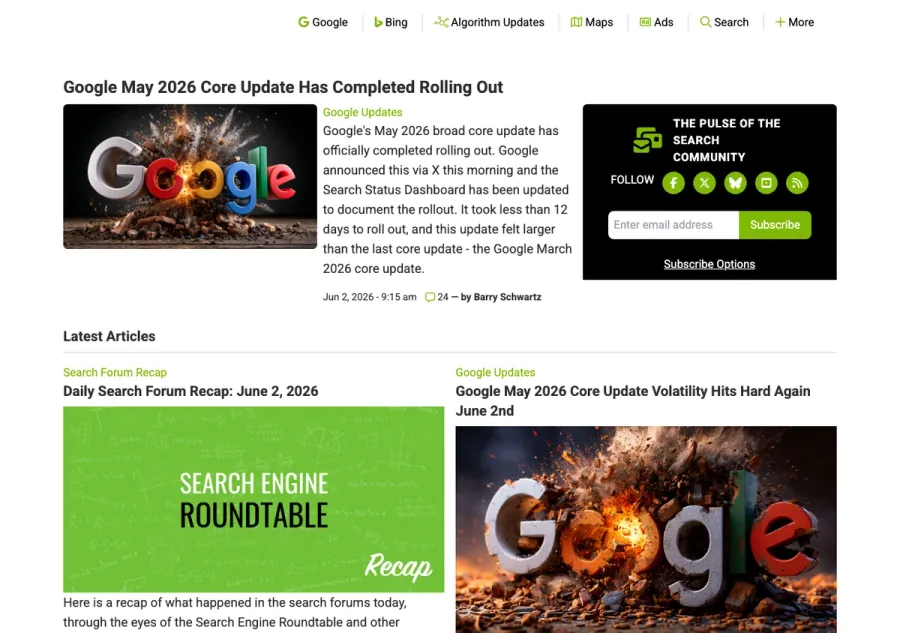 Search Engine Roundtableのトップページ。Googleコアアップデートの速報記事と検索コミュニティの最新トピックが並んでいる