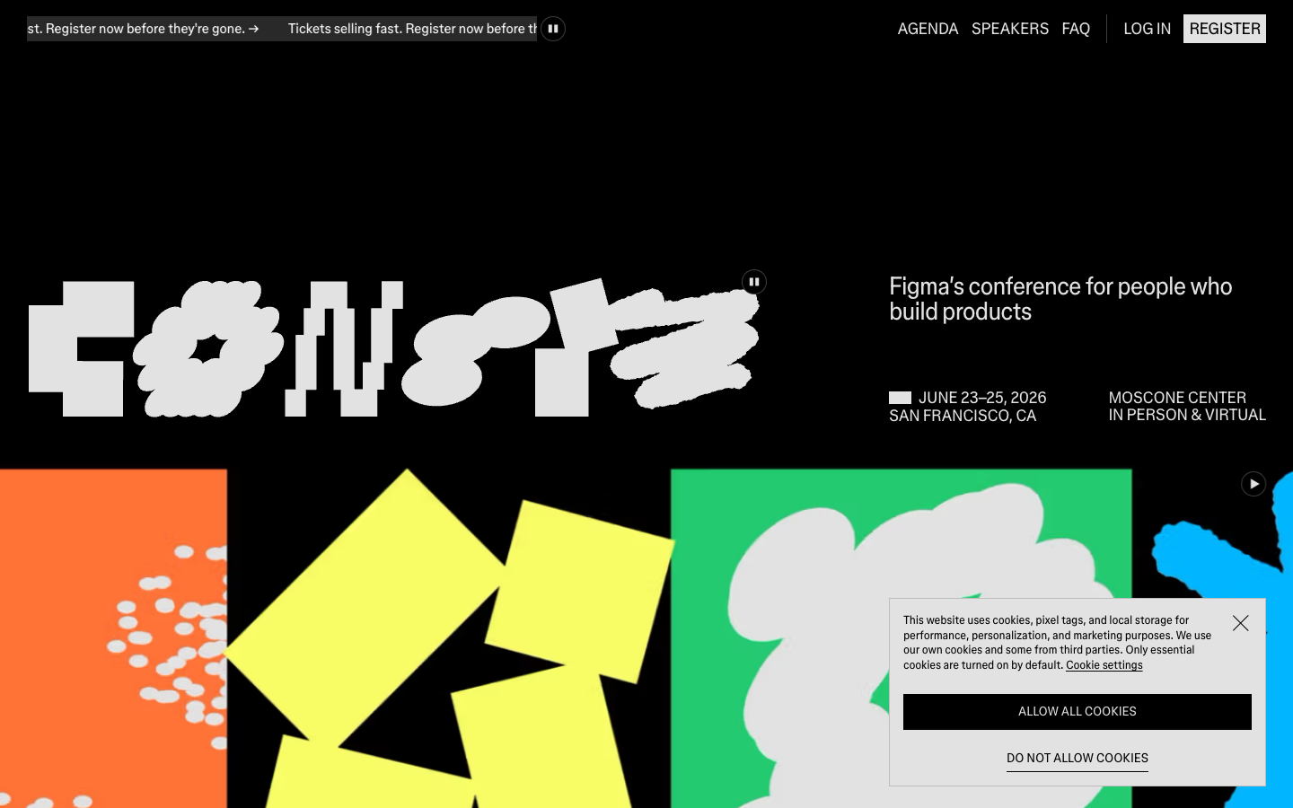 Figma Config 2026 公式ページのヒーローセクション。「Figma's conference for people who build products」のコピーと「June 23-25, 2026 San Francisco, CA」「Moscone Center IN PERSON & VIRTUAL」の表記