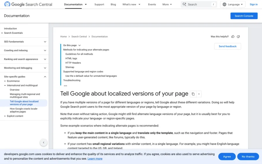 Google検索セントラルの多言語ページ向けhreflang実装ガイド公式ページ