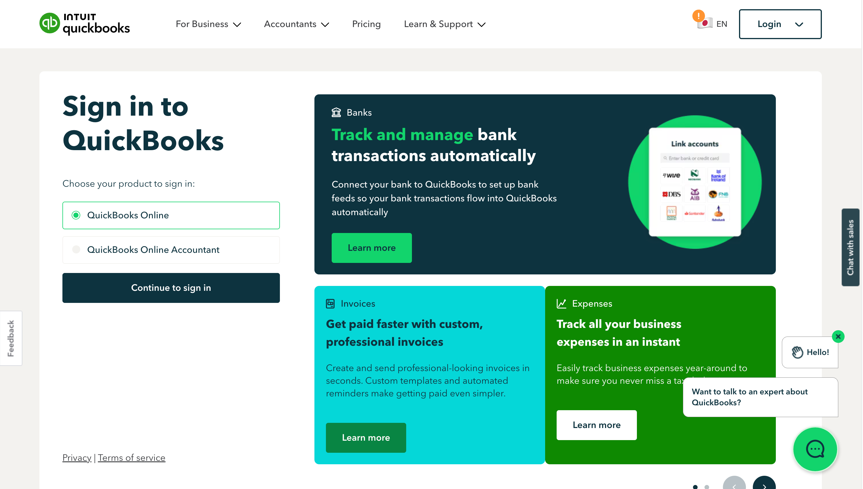 QuickBooks Onlineのウェブサイト　トップページ