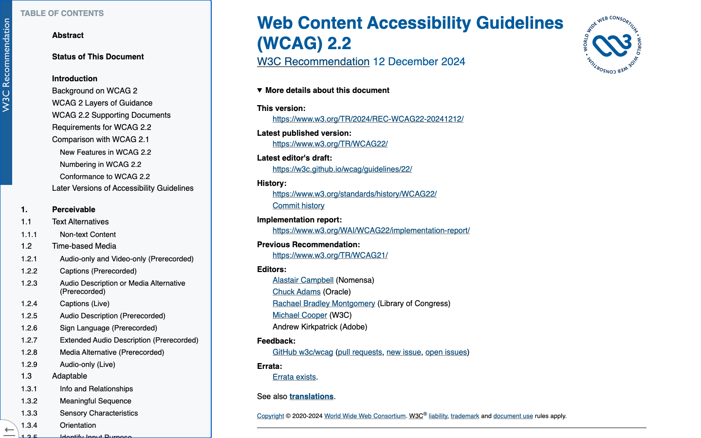 W3C による Web Content Accessibility Guidelines (WCAG) 2.2 の公式勧告ページ。2024年12月12日付の W3C Recommendation 表記と目次セクション