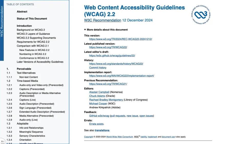 W3C による Web Content Accessibility Guidelines (WCAG) 2.2 の公式勧告ページ。2024年12月12日付の W3C Recommendation 表記と目次セクション