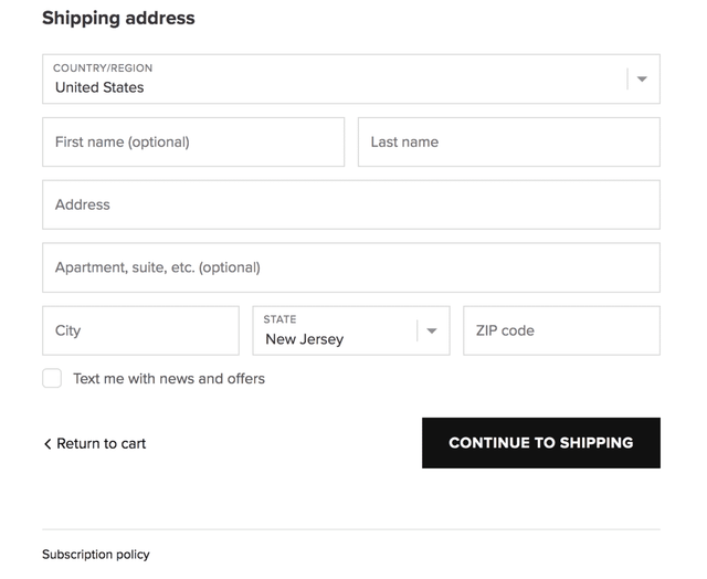 Regpack screenshot: Ascent Protein Shipping Address