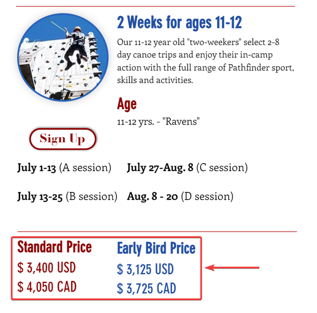 a comparison of standard and early bird prices for camp pathfinder (early bird prices are around $300 lower)