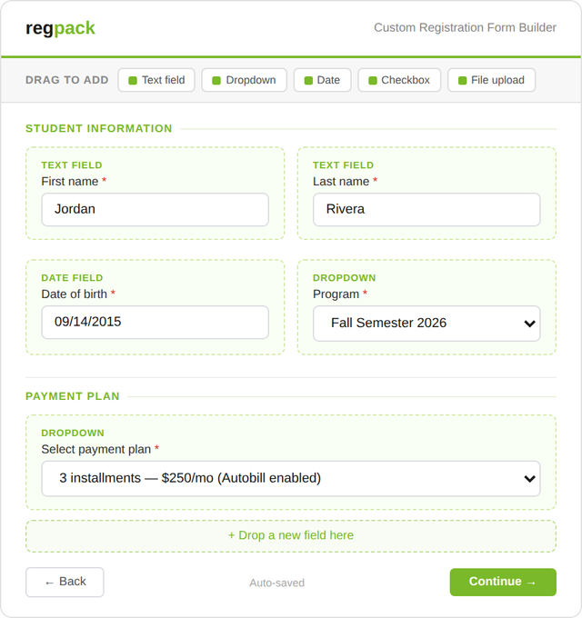 Regpack custom registration form builder showing drag-and-drop fields for student information and an Autobill payment plan selector.