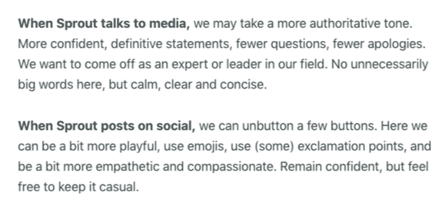 Example of Sprout's style guide for how they talk to media and how they talk on social media.