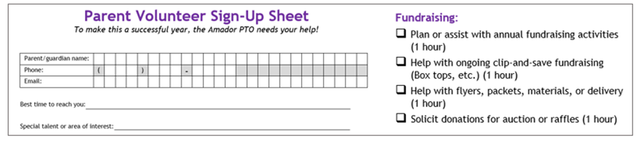 Parent Volunteer Sign Up Sheet