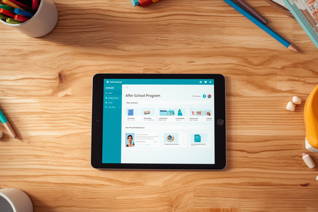 Overhead flat-lay of a wooden desk with school supplies around the edges and a tablet in the center displaying an after-school program management dashboard.