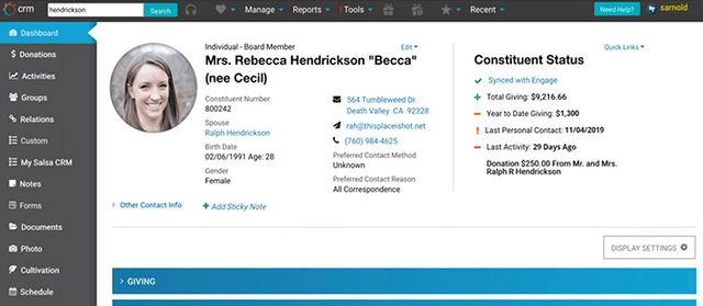 Salsa CRM's donation management software creates detailed profiles for each donor.