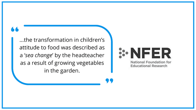 A quote from the National Foundation for Educational Research (NFER) on how gardening makes kids eat more vegetables.