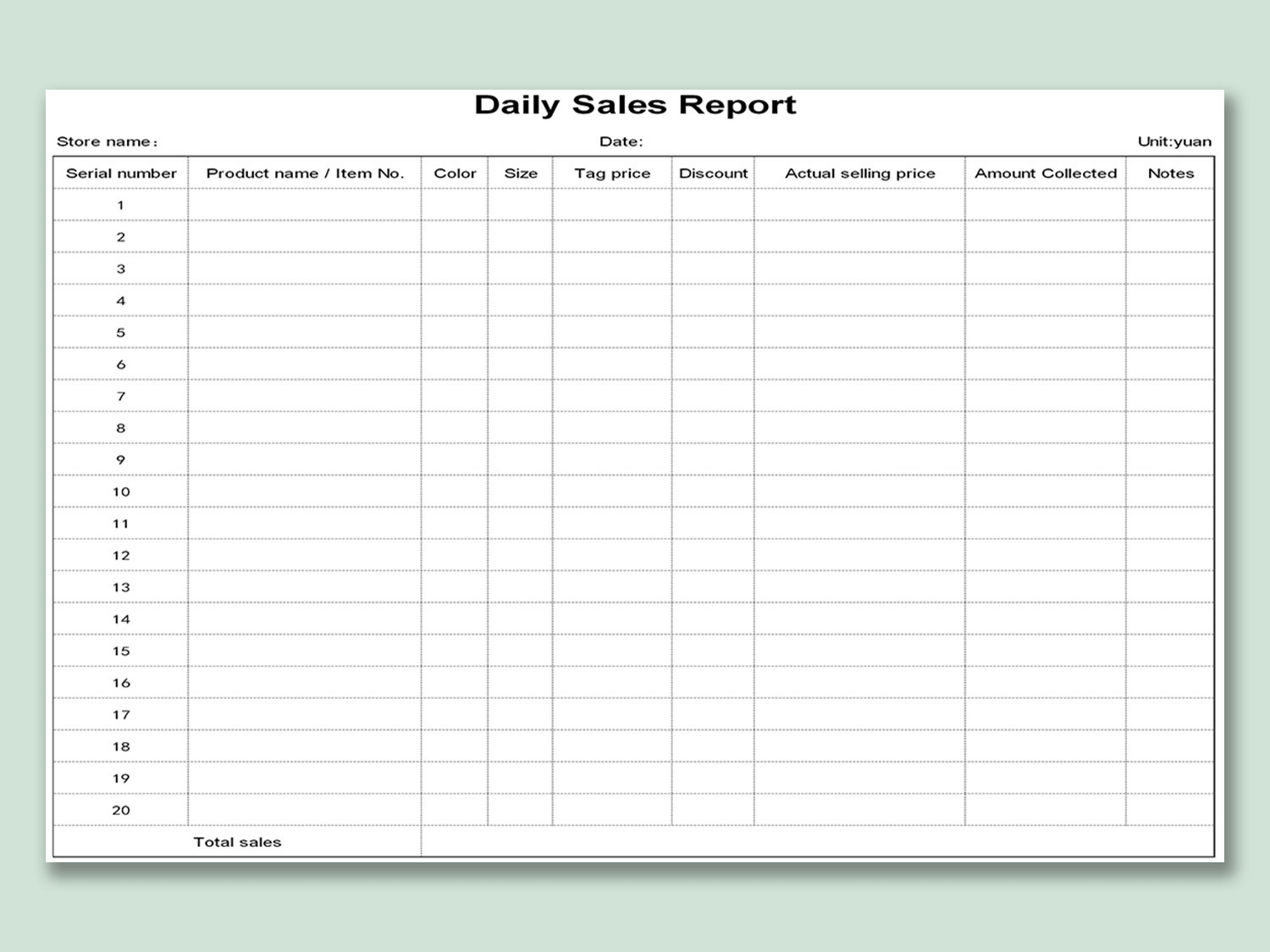 sales report sheet