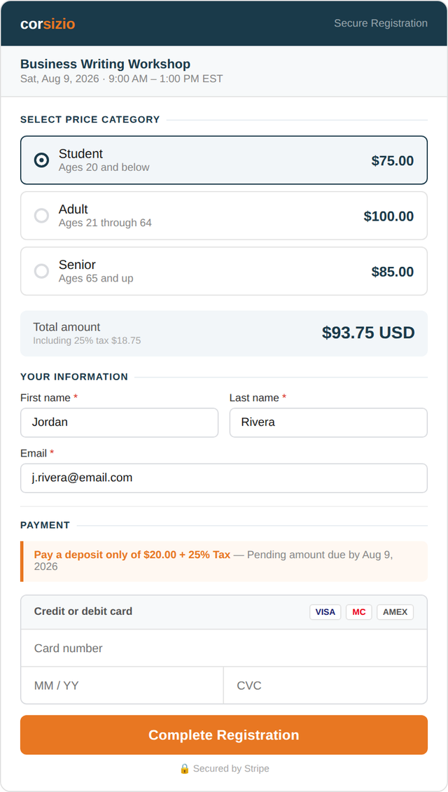 dark teal header, orange accents, price categories, deposit option, and Stripe card fields. Alt text: Corsizio event registration form showing tiered pricing options, deposit payment, and credit card checkout.