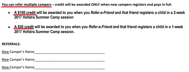 Hofstra's referral program, giving campers $100 or $50 credit depending on how long the referred client comes