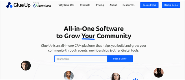 Glue Up's homepage offers demos to learn more about their membership software.