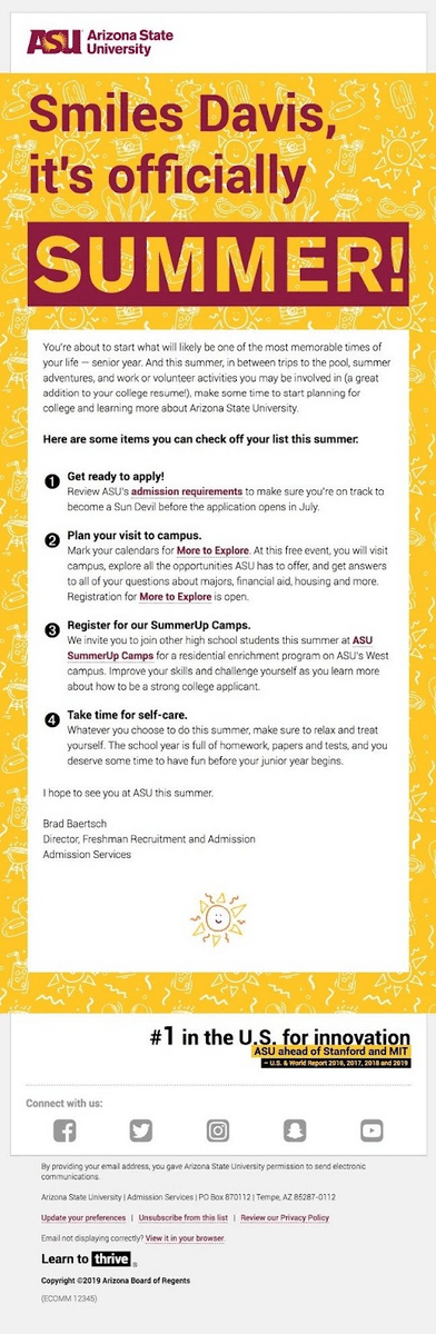 Regpack screenshot: Email From Arizona State University