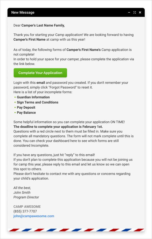 Check out our summer camp email template to learn how you can inform your camp families about their incomplete registration status.