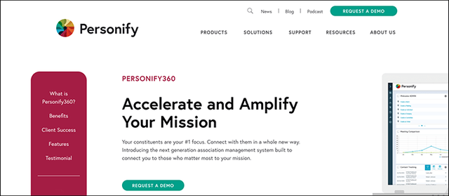 Personify360's homepage offers demos to learn more about their membership software.