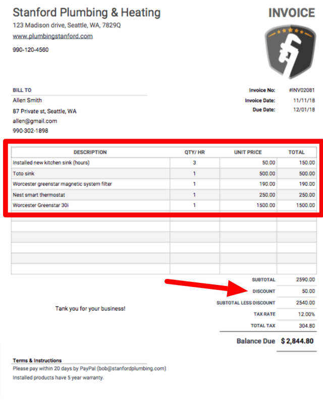 plumbing invoice example