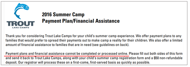 trout lake camps notification highlighting the fact that payment plans and financial assistance can't be processed online