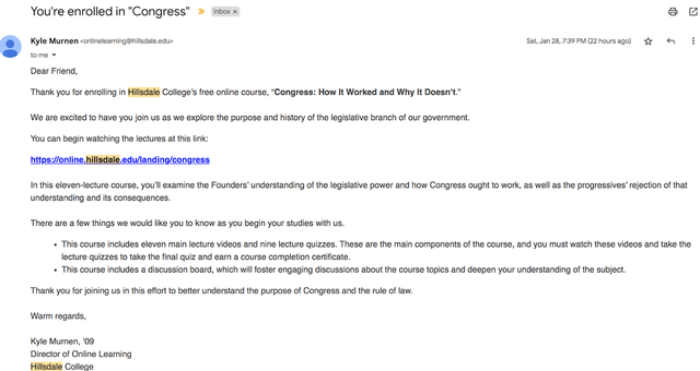 Hillsdale Conformation Email