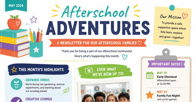 after-school program newsletter titled "Afterschool Adventures" featuring program highlights, a mission statement, photos of students, and upcoming event dates.