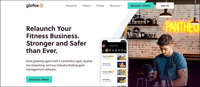 Glofox's homepage is targeted at fitness businesses ready to re-open with membership programs. 