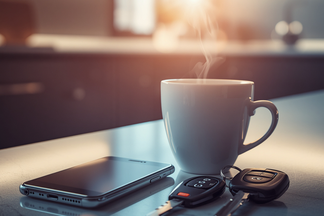 Smartphone lying face down on a kitchen counter next to a steaming coffee cup and a set of car keys, with a blurred kitchen in the background.