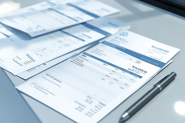 Several printed invoices spread across a desk with a pen resting on top.