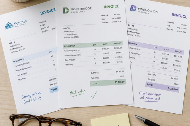 Overhead flat-lay of printed invoices from different companies fanned out on a desk next to glasses and a pen, with handwritten notes comparing pricing and value for automated billing software